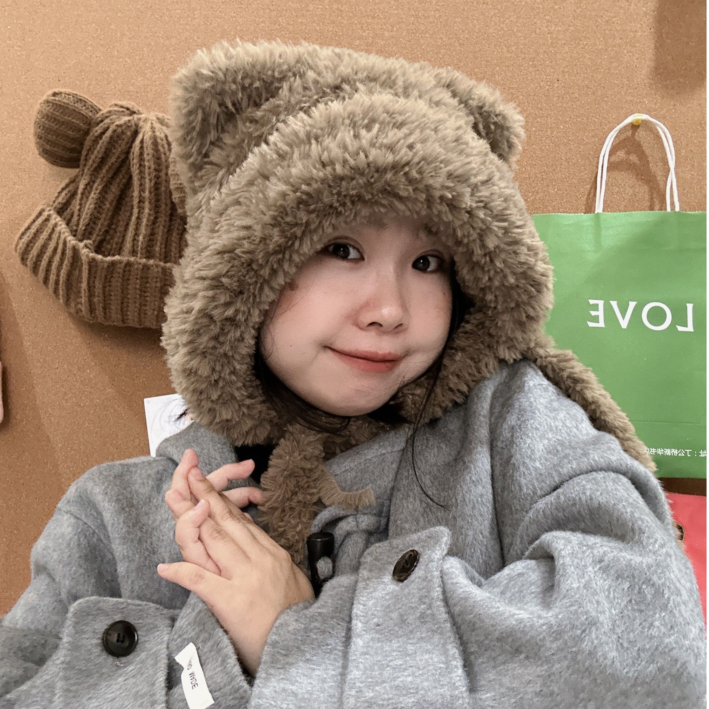 A03*【森林推荐】新款加绳子系带泰迪熊针织毛绒绒帽秋冬季新款休