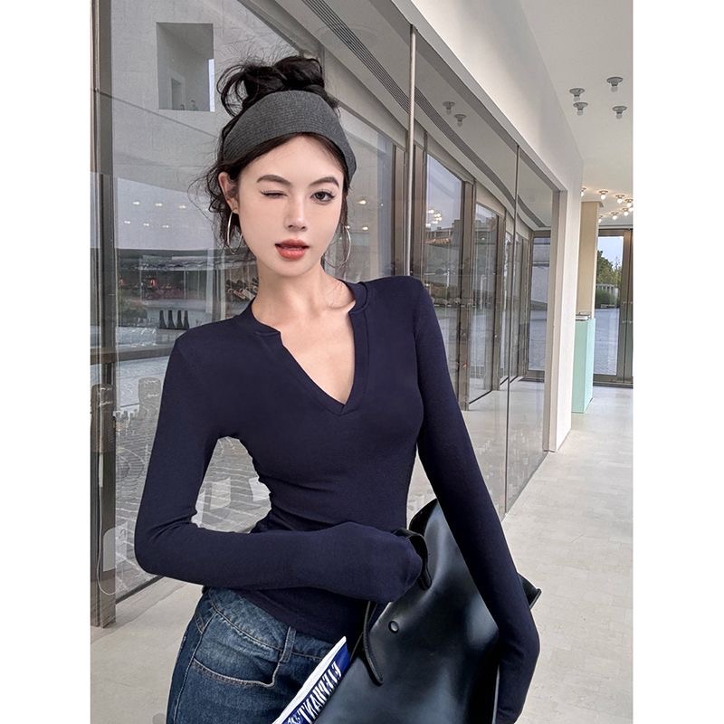 2025早春气质弹力辣妹心机设计感打底衫长袖百搭修身显瘦内搭纯欲