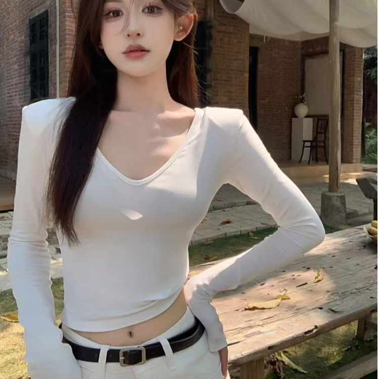 春秋白色前V后U双面可穿【无垫肩】长袖T恤女修身显瘦紧身内搭8846