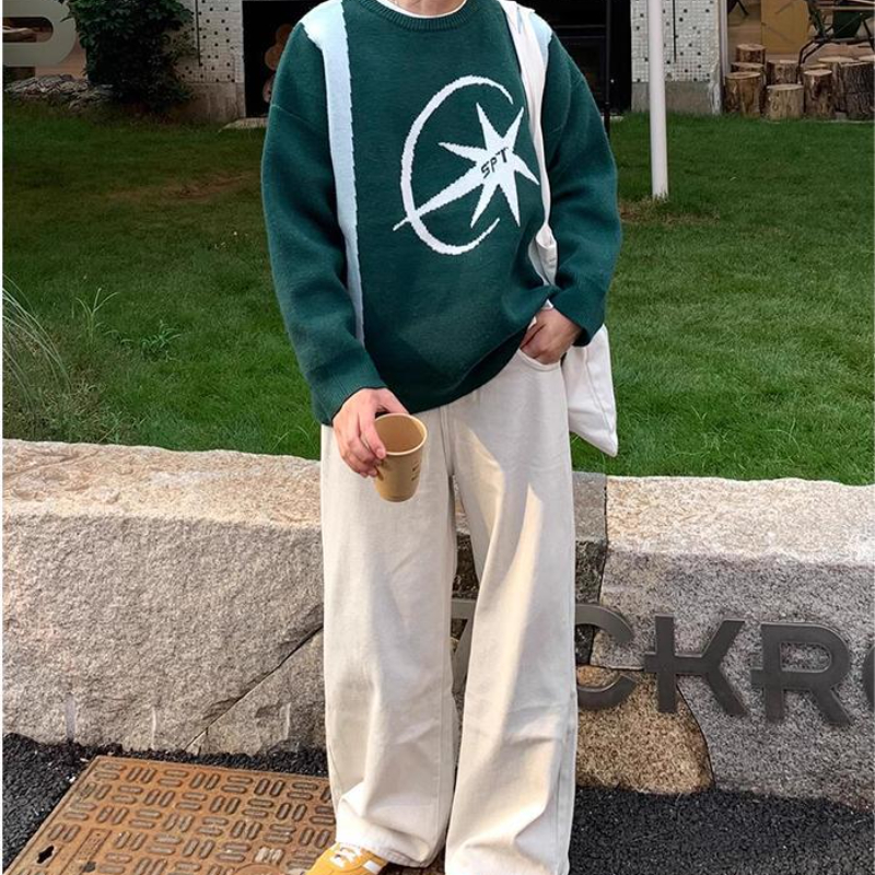 秋冬圆领套头毛衣男青年宽松休闲针织拼接加厚高克重慵懒圆领T恤