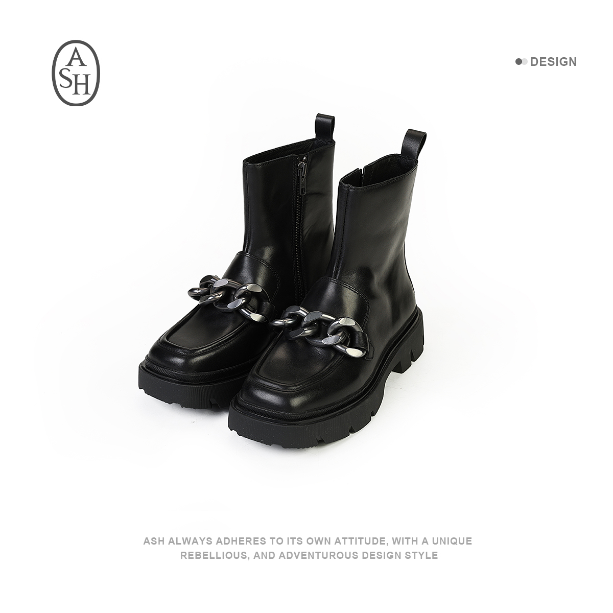 ASH 英伦风女靴时尚百搭皮鞋黑真皮厚底中筒圆头真皮女鞋22065