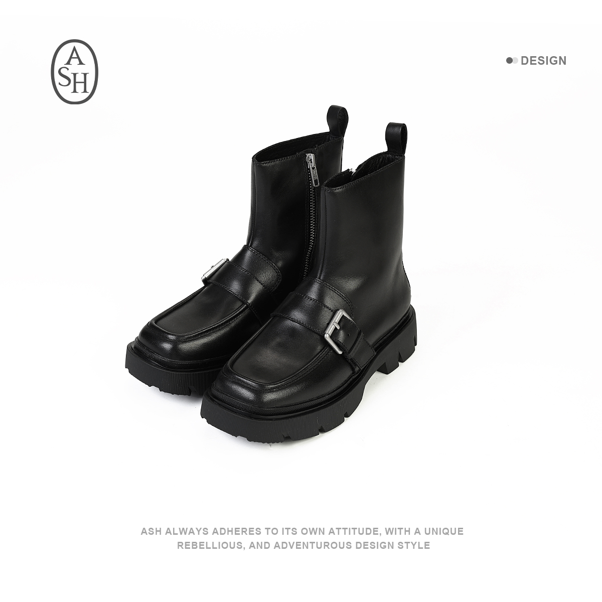 ASH新款女靴百搭粗跟英伦风女真皮厚底瘦瘦靴真皮女鞋22064