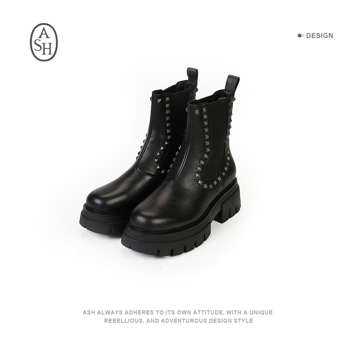 ASH 时尚黑色新款靴子百搭厚底中筒靴潮流圆头真皮女鞋22027