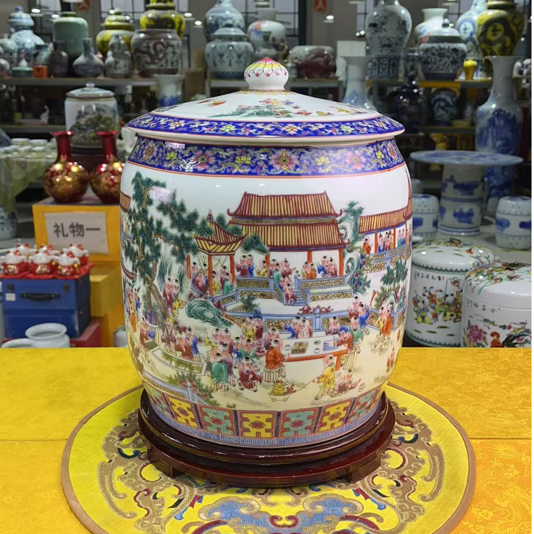 【高度33，肚径28】景德镇陶瓷百子图陶瓷储物罐（送底座）
