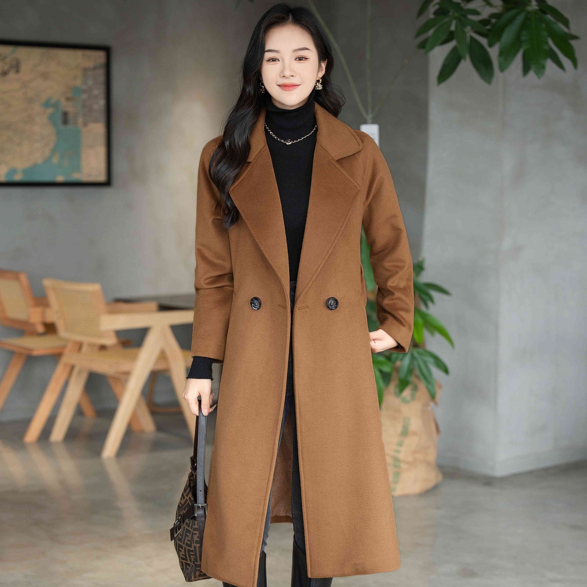 [维依]秋冬季绵羊毛腰绳可收腰束腰气质显瘦长款修身韩版毛呢大衣