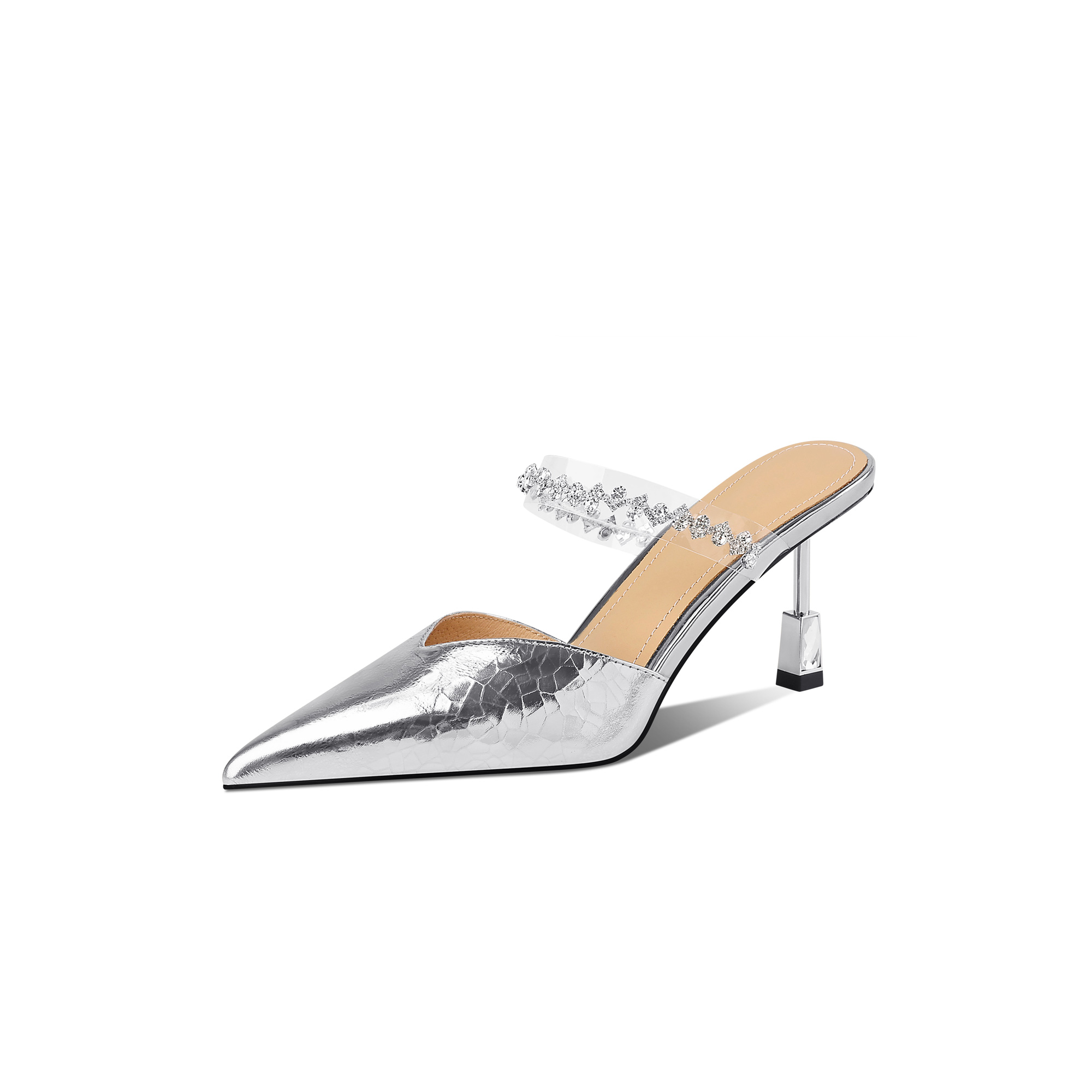 新款【6301】银色尖头高跟鞋真皮细跟包头新款凉拖设计师气女鞋子