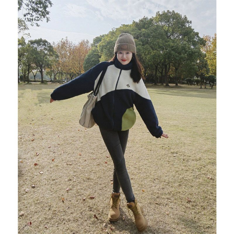 毛呢加厚颗粒绒外套2023秋冬撞色新款拼接羊羔绒冬季开衫宽松立领