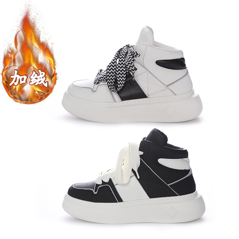 QIHUANG/启煌新款休闲鞋真皮高帮板鞋皮革拼接时尚男鞋高帮男鞋