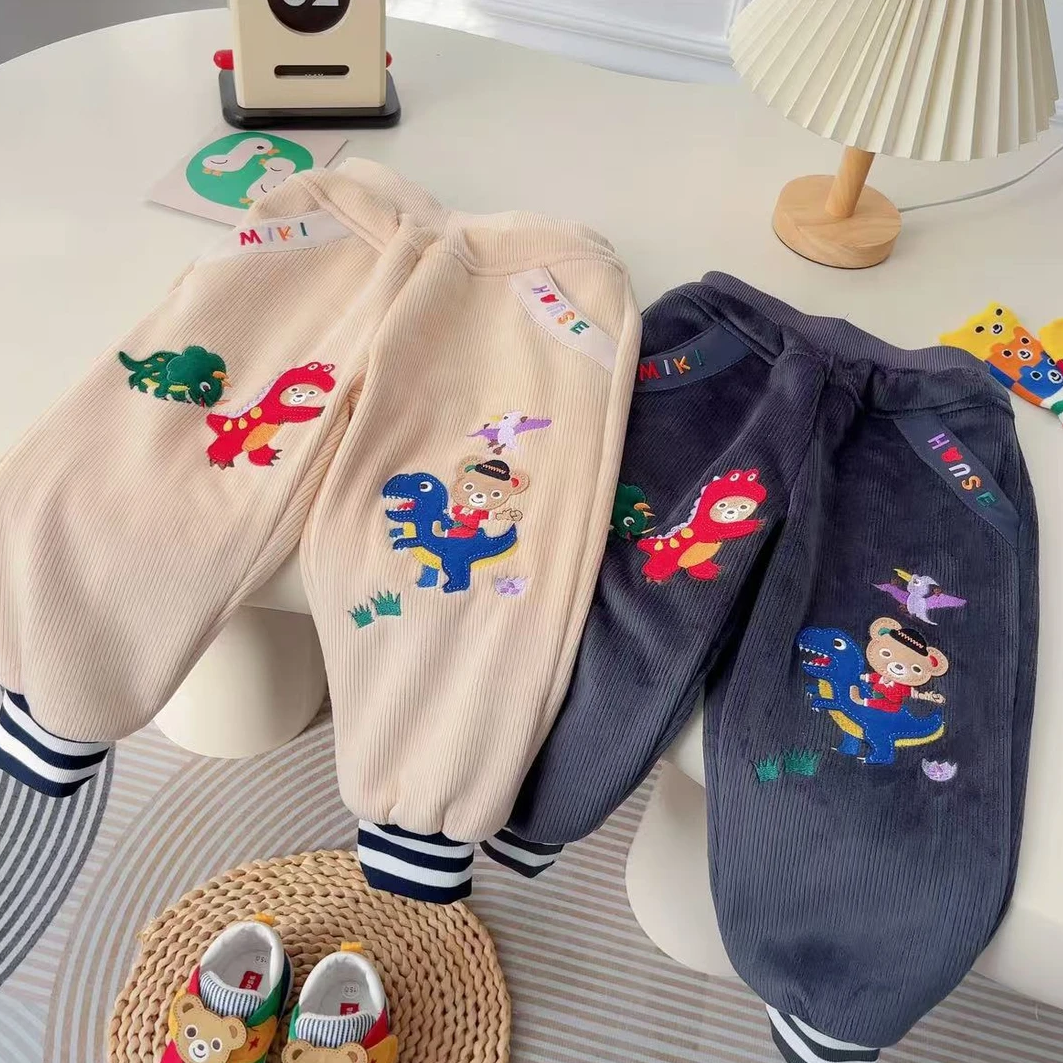 宝宝小熊恐龙条绒双层休闲裤子6088