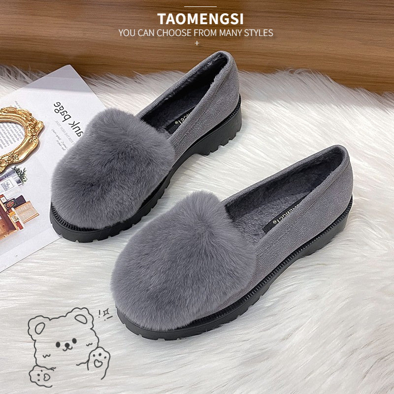 5CM百搭保暖豆豆鞋2025新款兔毛厚底毛毛鞋女冬外穿一脚蹬女棉鞋