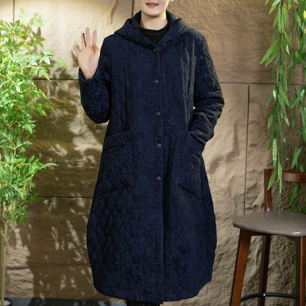 厚款棉服女长袖长款连帽棉衣女士冬款复古时尚提花棉50岁妈妈外套