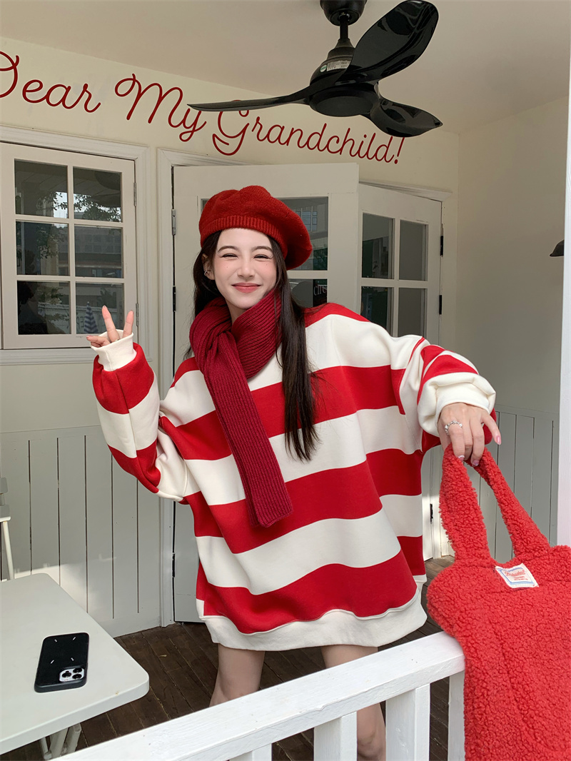 实拍实价~韩系粗条纹宽松加绒加厚套头卫衣~