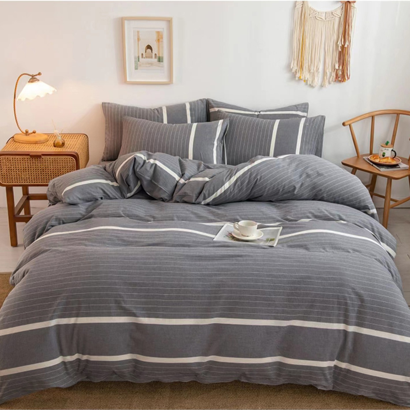 【午后阳光-灰】高质量A类母婴级全纯棉色织水洗棉床单被罩枕四件套