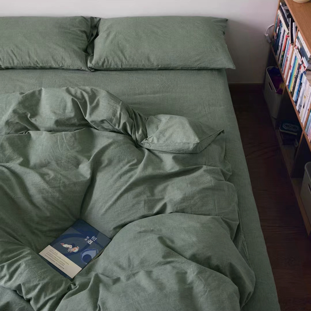 【草绿】高质量A类母婴级全纯棉色织水洗棉床单被罩枕四件套