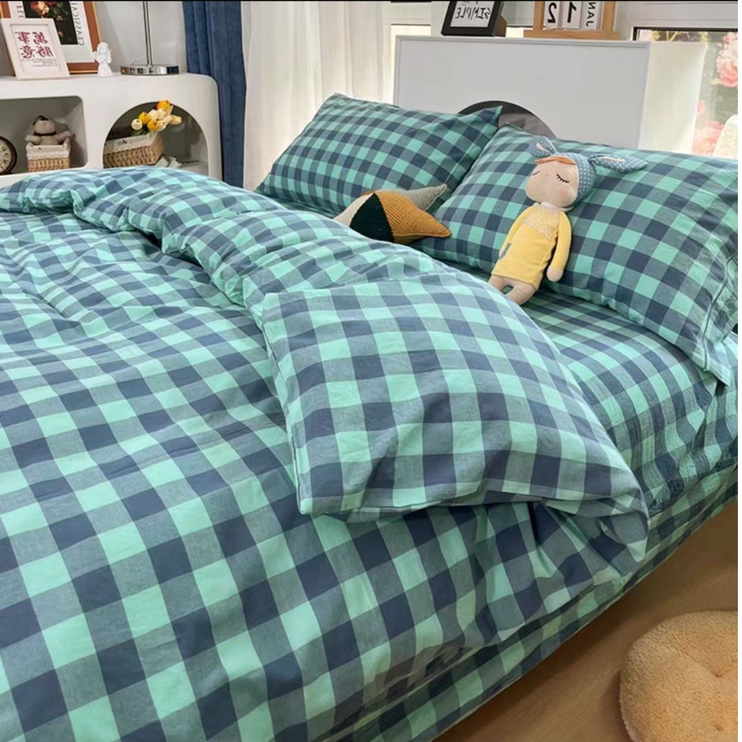 【清新-灰绿】高质量A类母婴级全纯棉色织水洗棉床单被罩枕四件套
