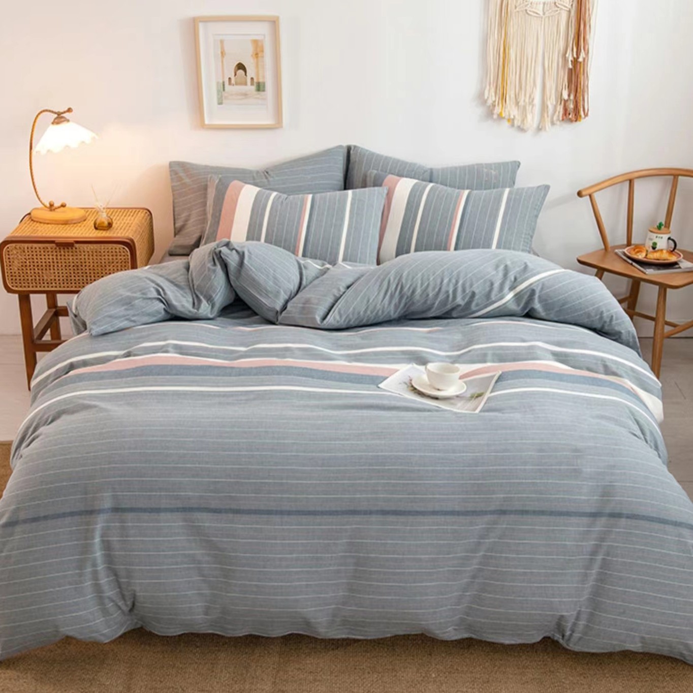 【格林-灰】高质量A类母婴级全纯棉色织水洗棉床单被罩枕四件套