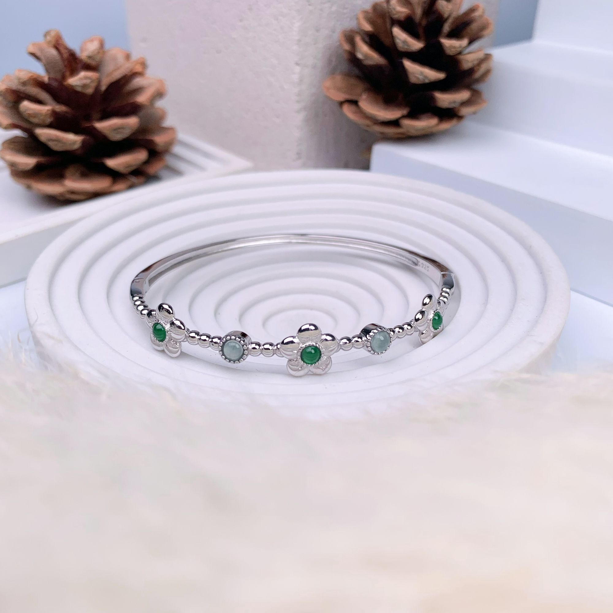 【要努力】B745 翡翠银S925镶嵌 翡翠花花六蛋手镯