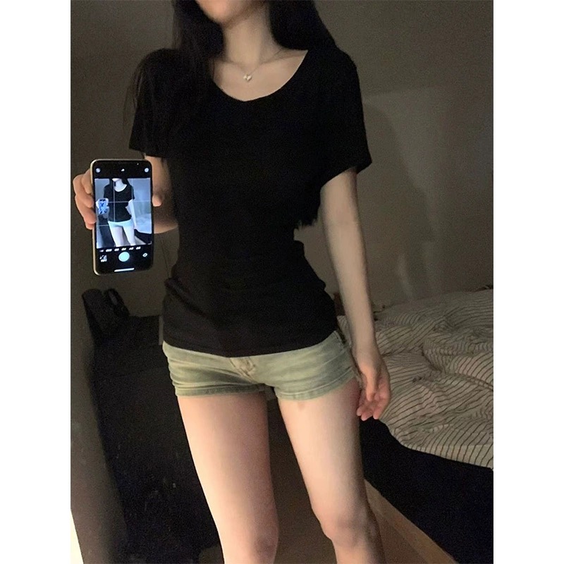 美式辣妹V领黑色短袖t恤女夏季正肩紧身修身显瘦内搭打底上衣