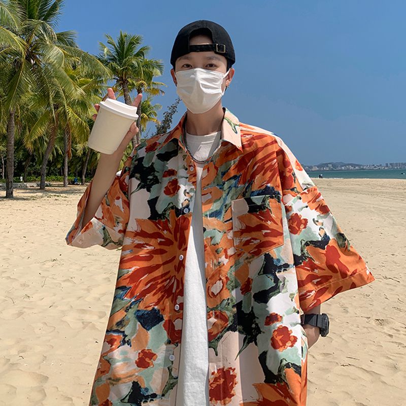 可穿到300斤）海边夏威夷度假防晒衬衣宽松印花衬衫男上衣港风夏季