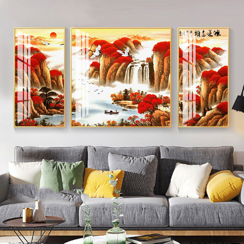 【鸿运当头】客厅三联沙发装饰画客厅画镶钻晶瓷画背景挂画轻奢