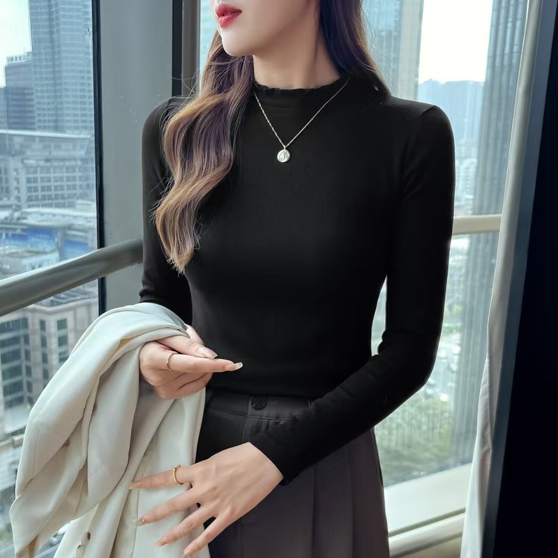 秋冬时尚加厚磨毛打底木耳边修身半高领显瘦长袖百搭保暖上衣