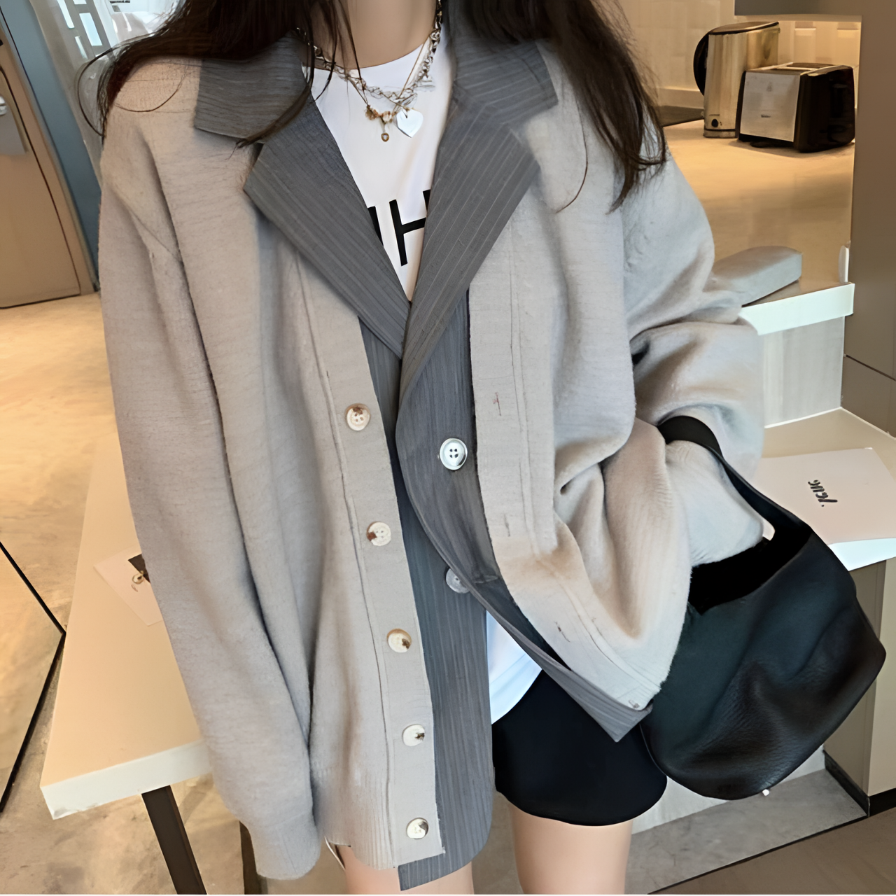 早秋韩版新款气质休闲复古百搭灰色西装假两件设计感长袖外套