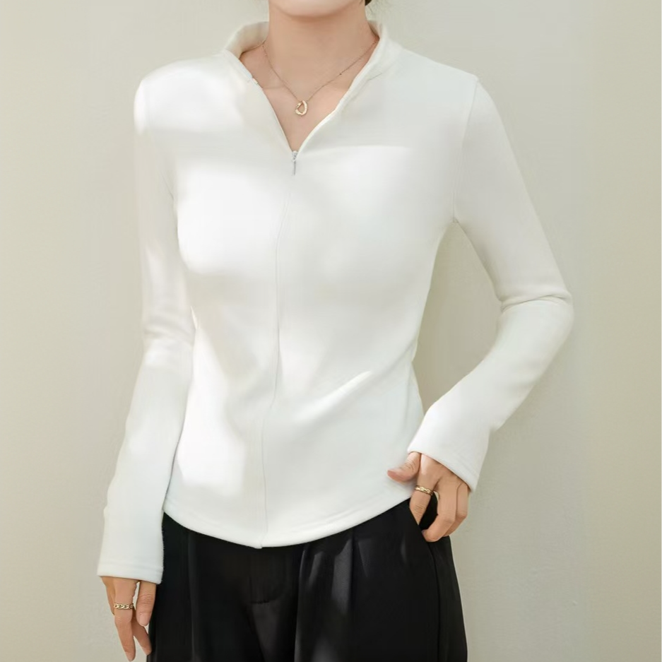 秋冬加绒加厚保暖纯色打底显瘦立领半拉链休闲百搭弧形正肩上衣