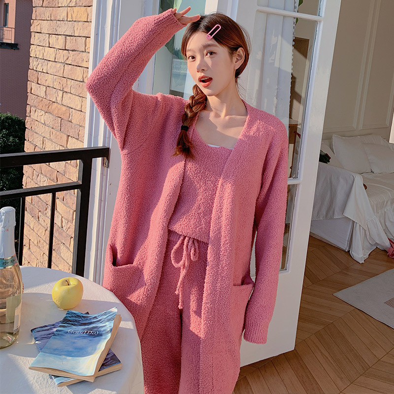 软绵绵睡衣女秋冬保暖加厚开衫毛线针织家居服欧美ins纯色三件套