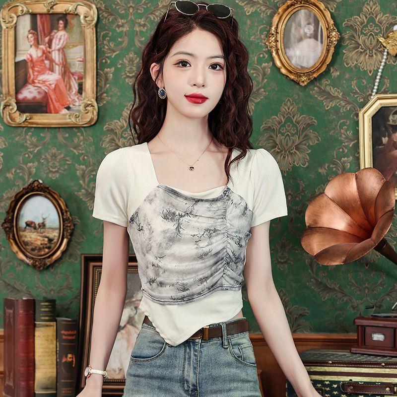 新中式国风洋气减龄修身短款上衣水墨画拼接不规则短袖T恤女夏季