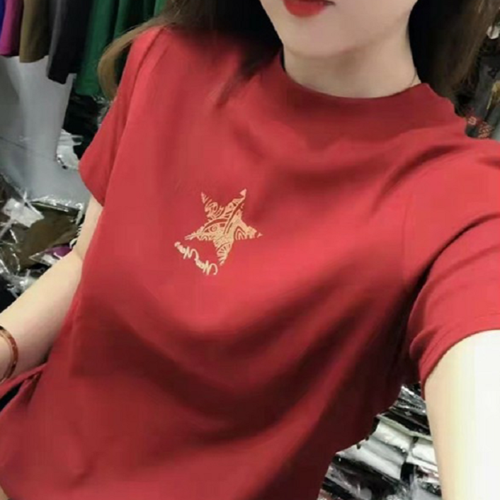 2025春秋新款五角星短袖t恤打底衫女修身显瘦百搭圆领上衣小衫