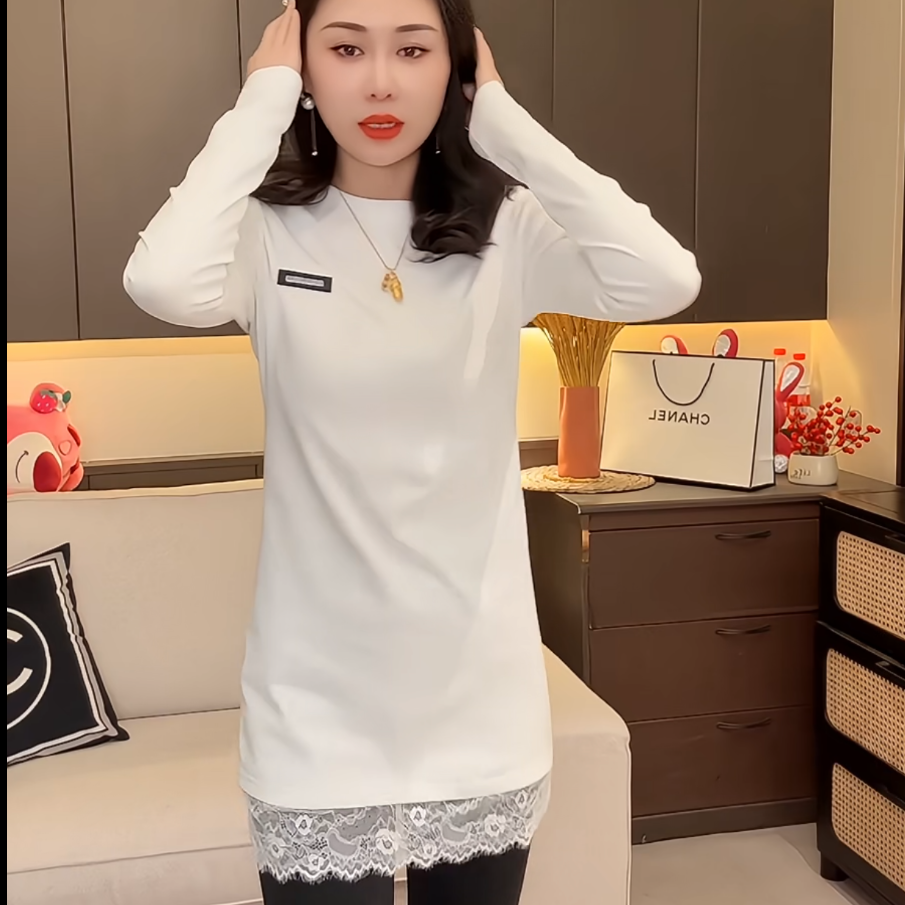 气质简约t恤女春秋新款韩系长袖设计感中长款拼接蕾丝气质上衣886