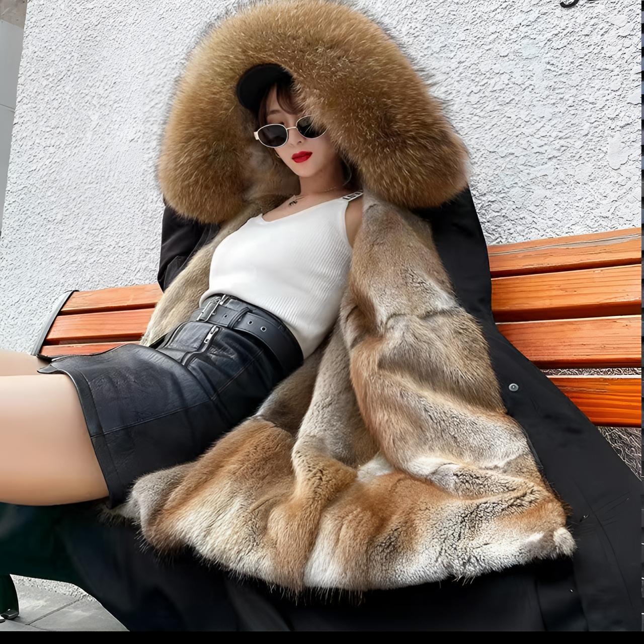 清根貂冬季女款时尚保暖修身加绒派克服大毛领内胆可拆卸长款外套