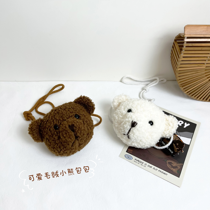 卡通熊头幼儿园斜挎包女毛绒包包简约ins单肩包小学生可爱玩偶包