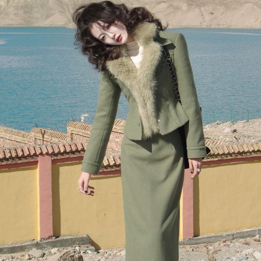 法式复古气质收腰毛呢外套半裙套装女冬季新款小众显瘦通勤两件套