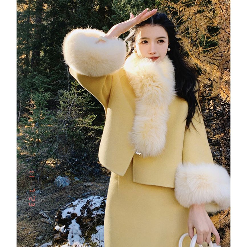 娇憨大小姐 国风大衣套装秋冬新中式毛绒拼接加厚毛呢两件套女