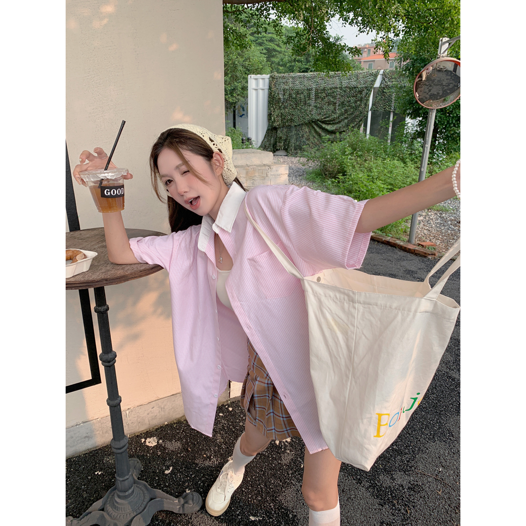 日系夏季2023新款拼接粉色条纹短袖衬衫女学院风小个子宽松衬衣潮