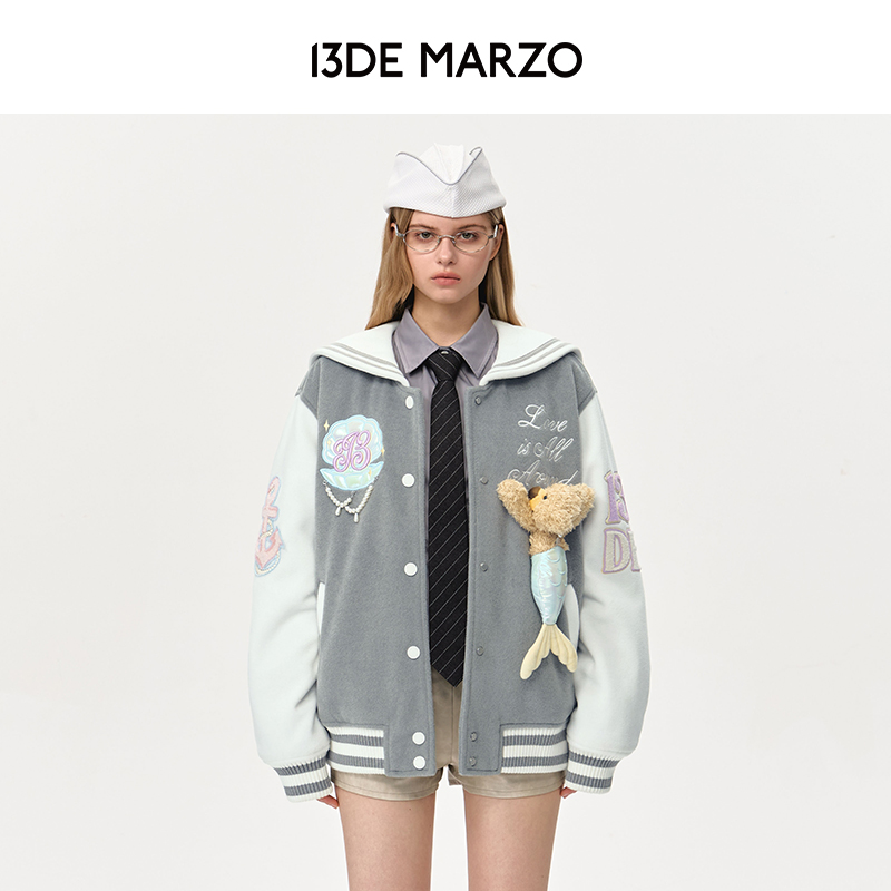 13DE MARZO女士 24秋冬新款海军风水手领棒球服时尚夹棉撞色外套