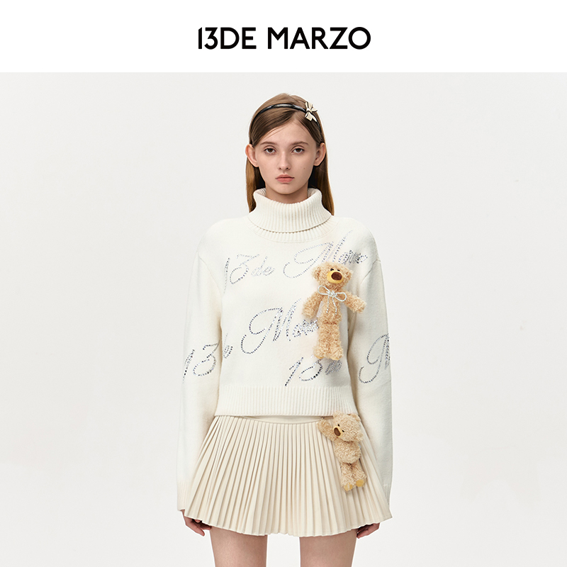 13DE MARZO专柜正品秋冬新款闪钻高领针织衫套头百搭上衣短款毛衣