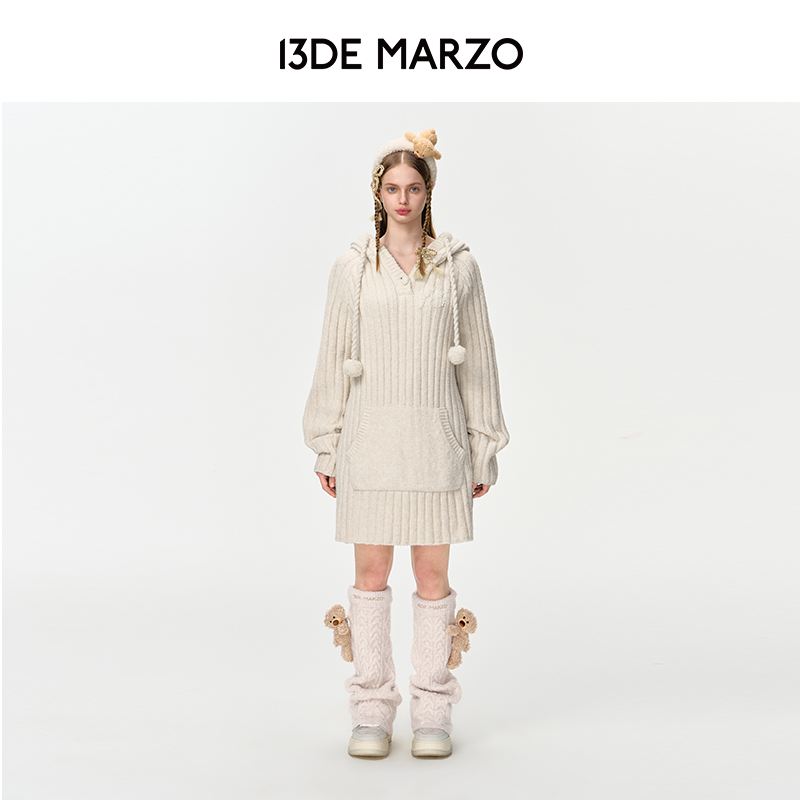 13DE MARZO女士 秋冬新款粗坑条针织衫甜美中长款连衣裙毛衣
