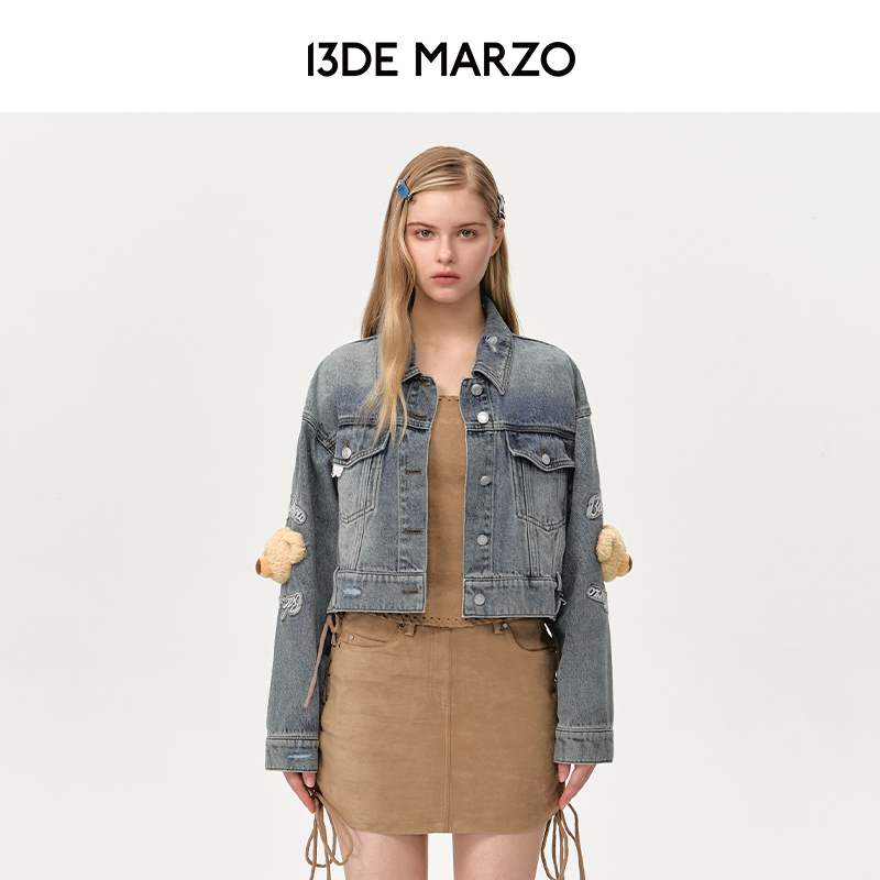 13DE MARZO女士 秋冬新款手肘玩偶牛仔衣夹克百搭宽松短款外套