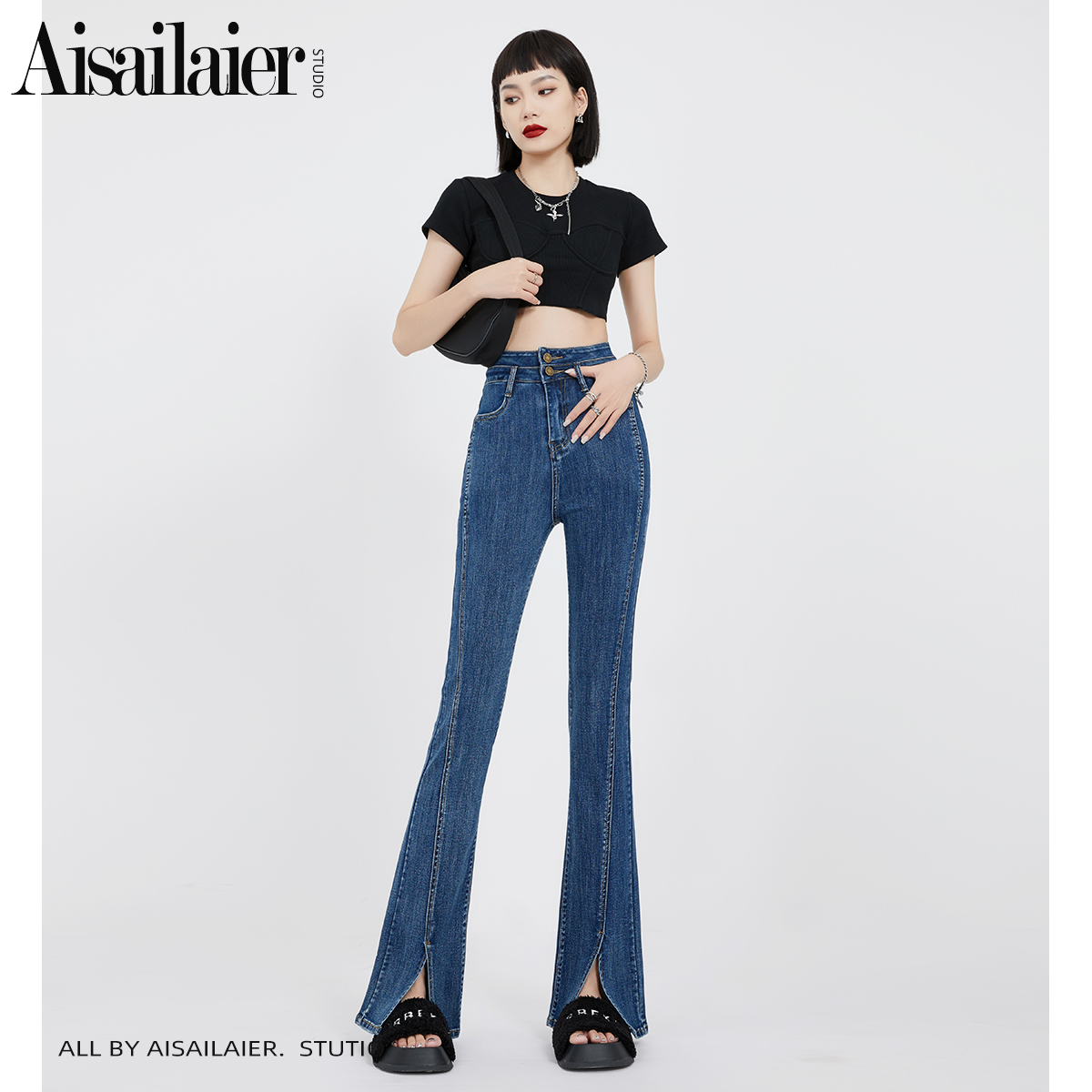 设计感高腰开叉喇叭显瘦马蹄裤2025年秋冬新款牛仔裤女弹力微喇裤
