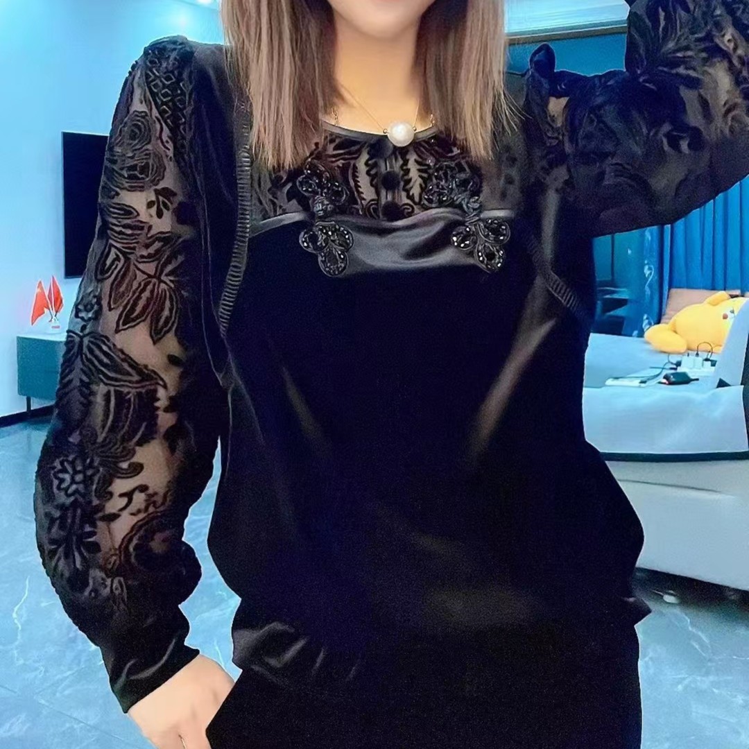 3MIAOCI 602新品时尚蕾丝拼接镶钻高弹圆领丝绒小衫