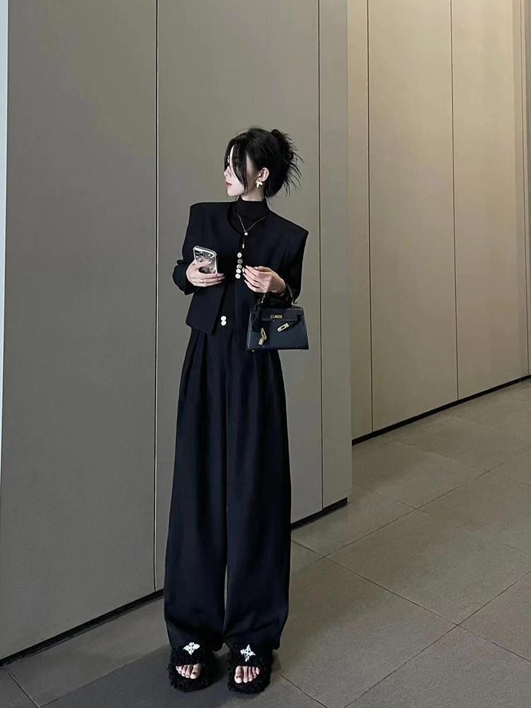 春季新中式国风复古西装套装女气质显瘦洋气时尚直筒阔腿裤两件套