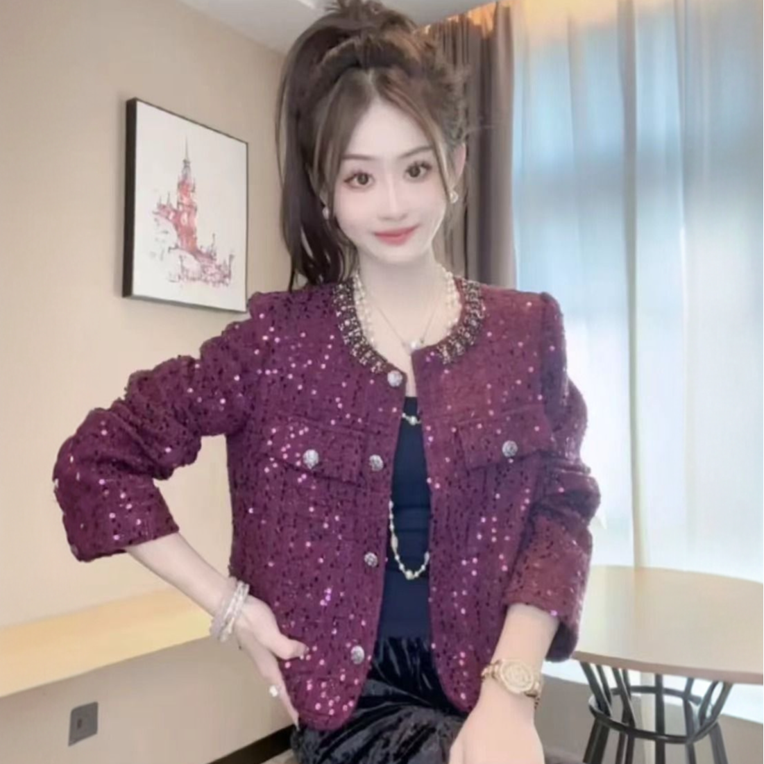 高级感秋冬时尚外套女2024新款洋气显瘦百搭短款镶钻小香风上衣