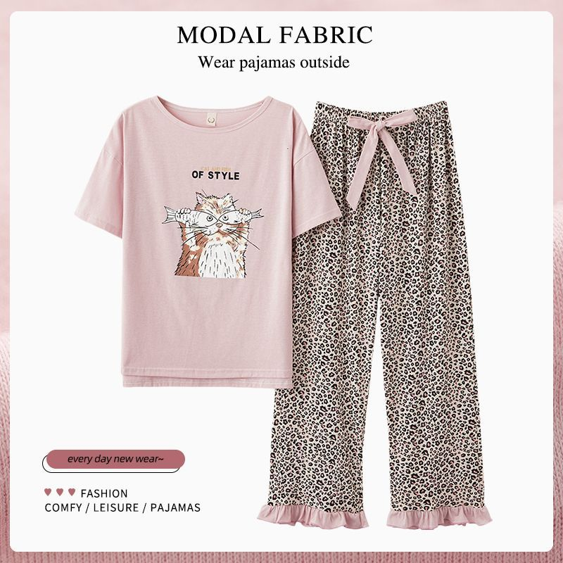 莫代尔短袖长裤睡衣女夏季学生可爱卡通夏天薄款大码家居服两件套