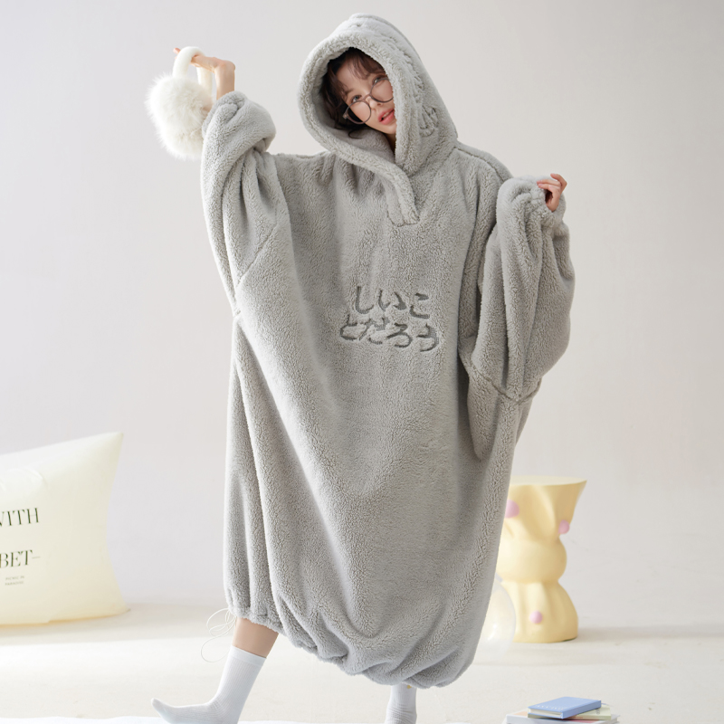 宽松长短睡袍可爱女冬季加绒加厚保暖冬天睡衣家居服外穿连帽毛绒
