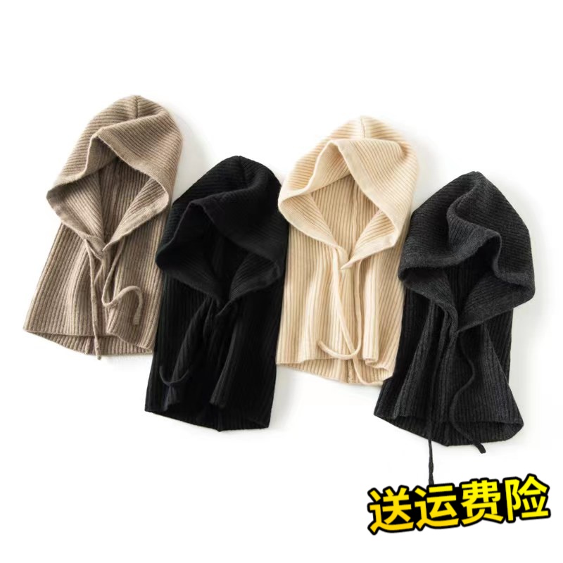 秋冬新款脖帽一体纯山羊绒针织保暖百搭帽子纯色宽松休闲抽绳减龄