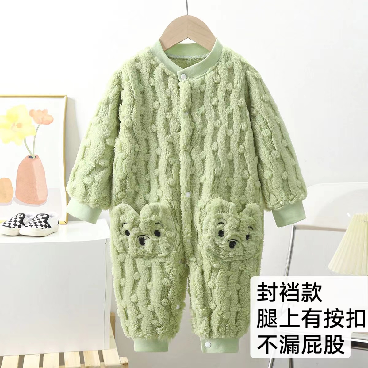 儿童睡衣加厚加绒连体保暖暗扣睡袋长款爬服秋冬季外穿新款0-2