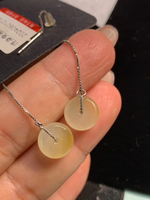 天然翡翠A货缅料高冰黄翡扣子耳线