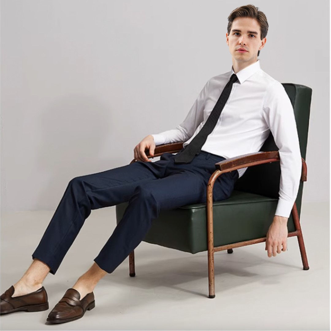 意大利PUGER纯棉蓝白休闲时尚长袖条纹修身精英职业翻领经典